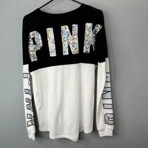 Pink Victorias Secret Varsity Bling Tee XS Oversize Black White Sequin Spellout